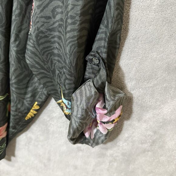 Johnny Was Top Plus 2X Blooming  100% Silk Floral Semisheer Roll Tab Sleeve READ - Picture 11 of 13